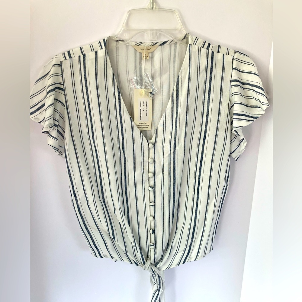 Sim & Sam Women’s Striped Crop Top, S, Capped Sleeves, V Neck, Cream/Blue,  NWT
